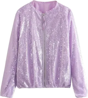 2023 Women's Sequin Jackets Long Sleeve Winter Baseball Coats Full Zip Sweatshirts Trendy Elegant Party Outwear Tops