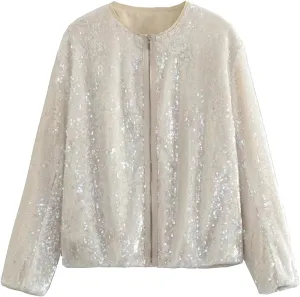 2023 Women's Sequin Jackets Long Sleeve Winter Baseball Coats Full Zip Sweatshirts Trendy Elegant Party Outwear Tops