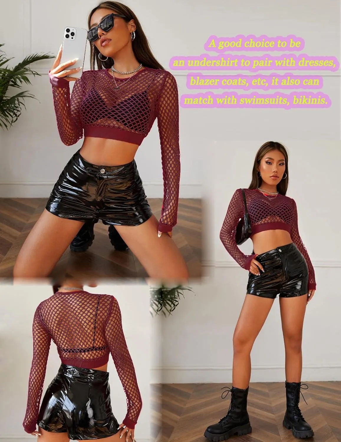 Avidlove Fishnet Top for Women Fishnet Crop Top Long Sleeve Fishnet Shirt Fishnet Long Sleeve Top
