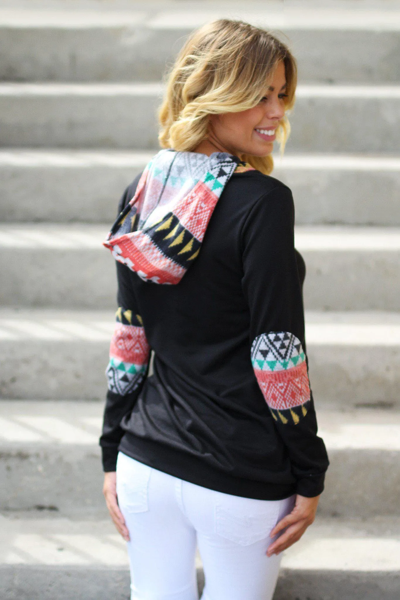 Black Hoodie With Tribal Print Detail