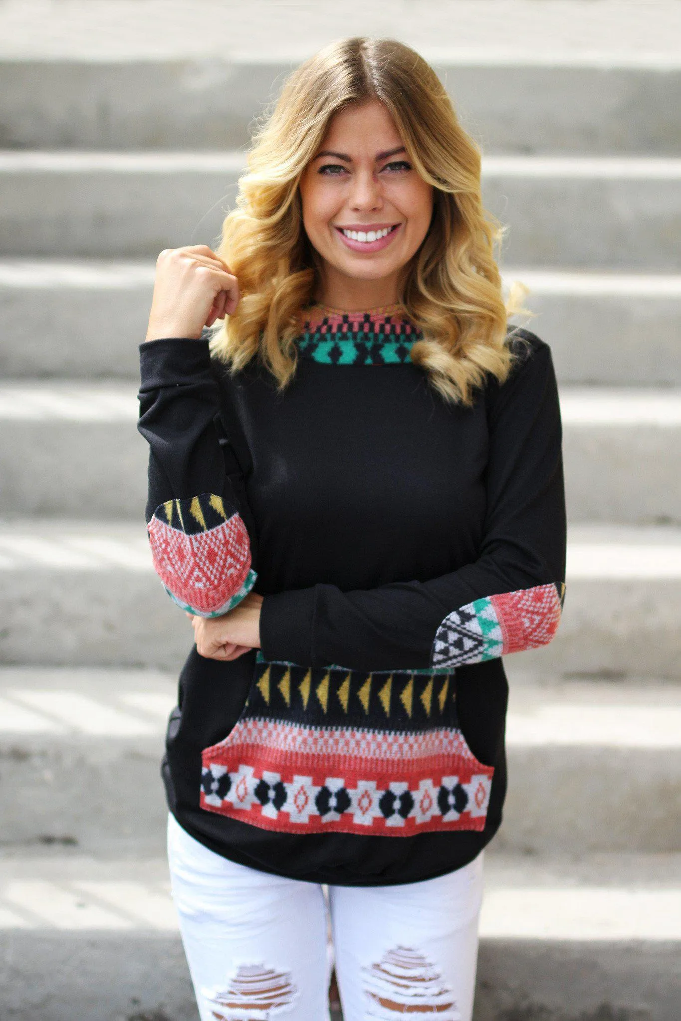 Black Hoodie With Tribal Print Detail
