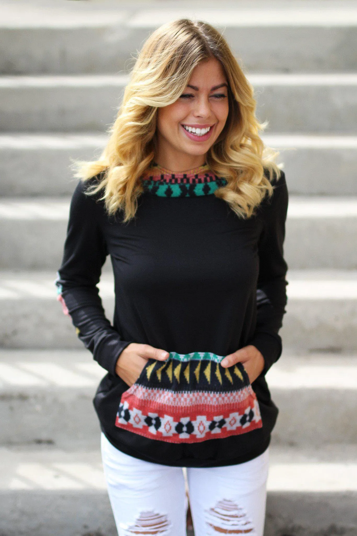 Black Hoodie With Tribal Print Detail