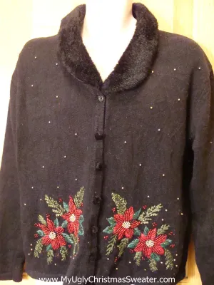 Black Poinsettia Christmas Sweater Jumper with Padded Shoulders