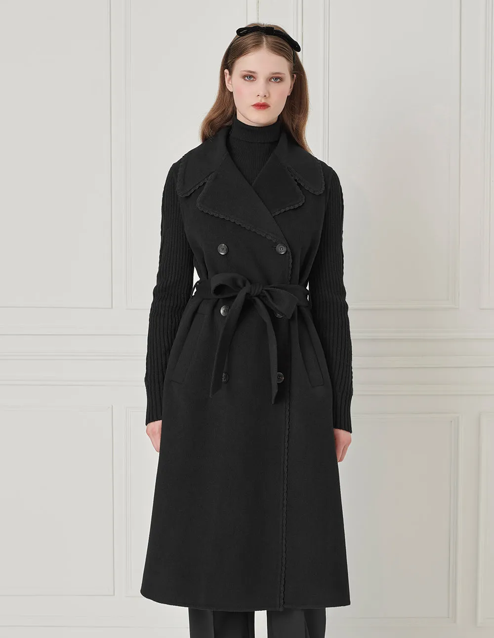 BORA AKSU Lapel Knitted-Sleeve Splicing Double-Breasted Coat