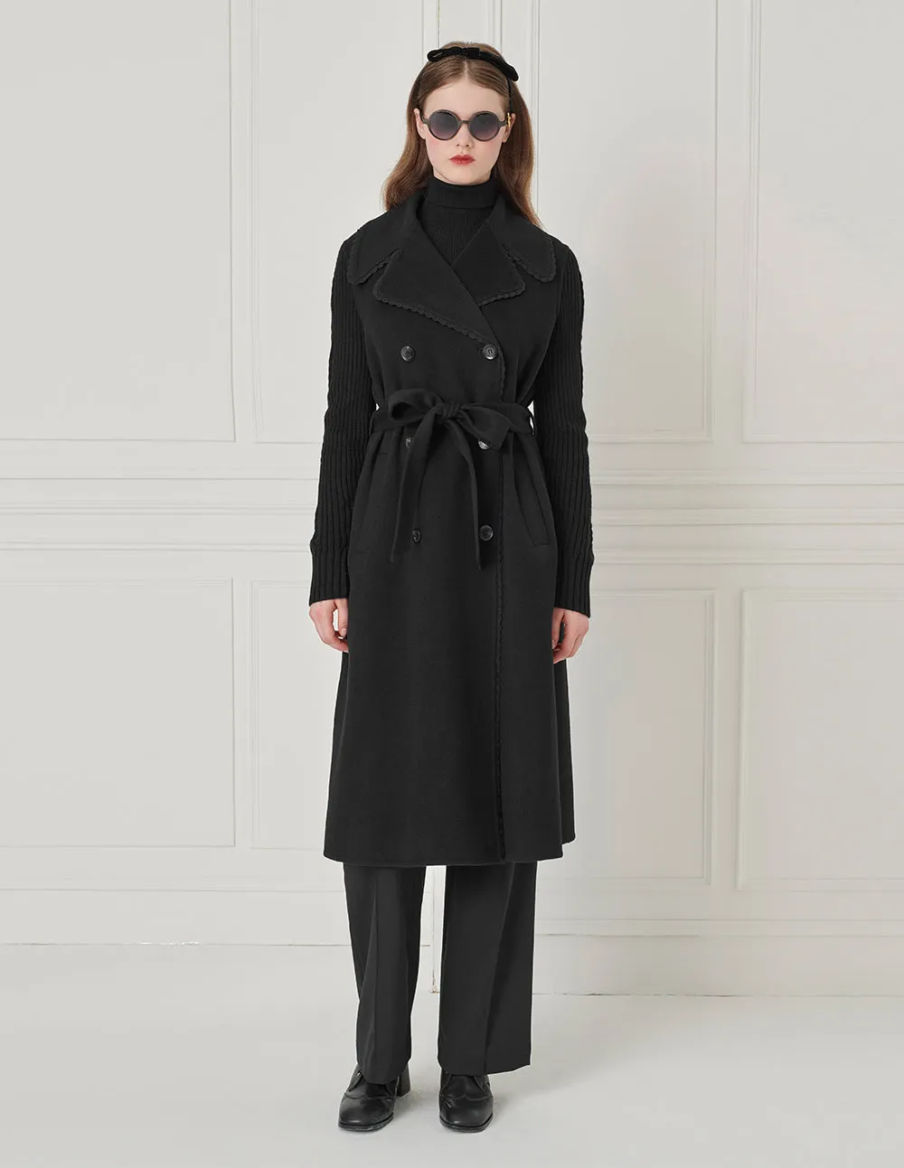 BORA AKSU Lapel Knitted-Sleeve Splicing Double-Breasted Coat