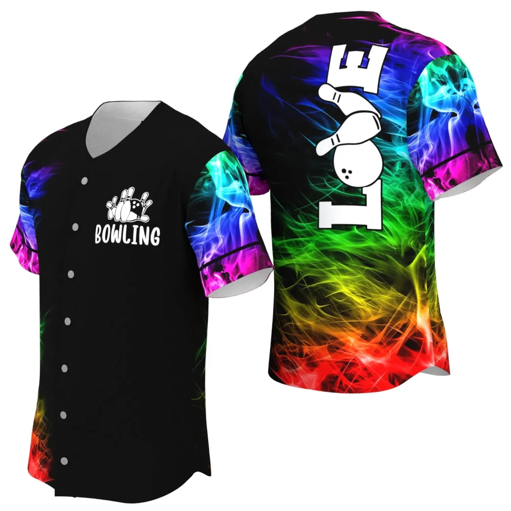 Bowling Love Colorful Smoke Flame Baseball Jersey, Gift for Bowler