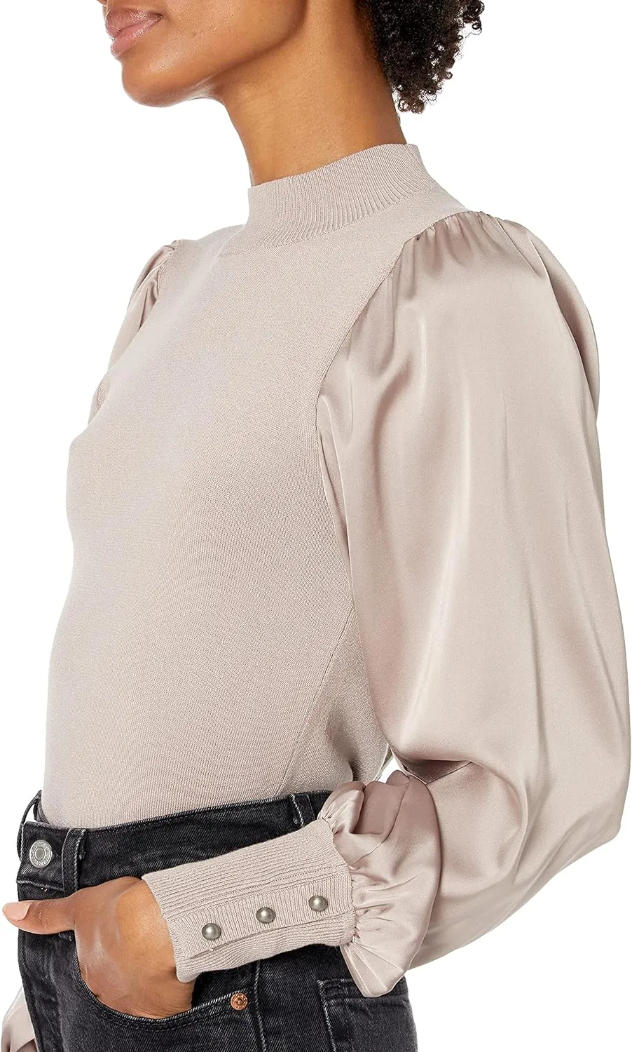 Cable Stitch Women's Satin-Sleeve Sweater Top - Mock Neck Contrast Long Sleeve Pullover Top
