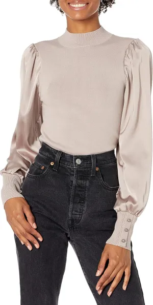 Cable Stitch Women's Satin-Sleeve Sweater Top - Mock Neck Contrast Long Sleeve Pullover Top