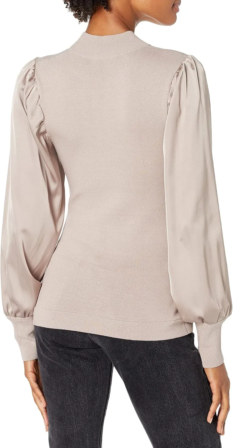 Cable Stitch Women's Satin-Sleeve Sweater Top - Mock Neck Contrast Long Sleeve Pullover Top