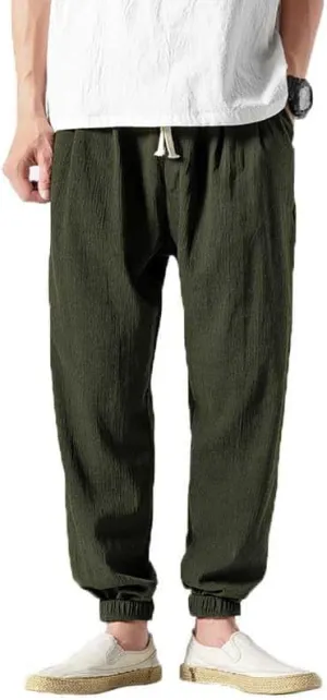 Casual Pants for Men Linen Japanese Pants Cotton Elastic Waist Comfy Beach