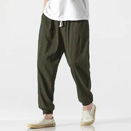 Casual Pants for Men Linen Japanese Pants Cotton Elastic Waist Comfy Beach