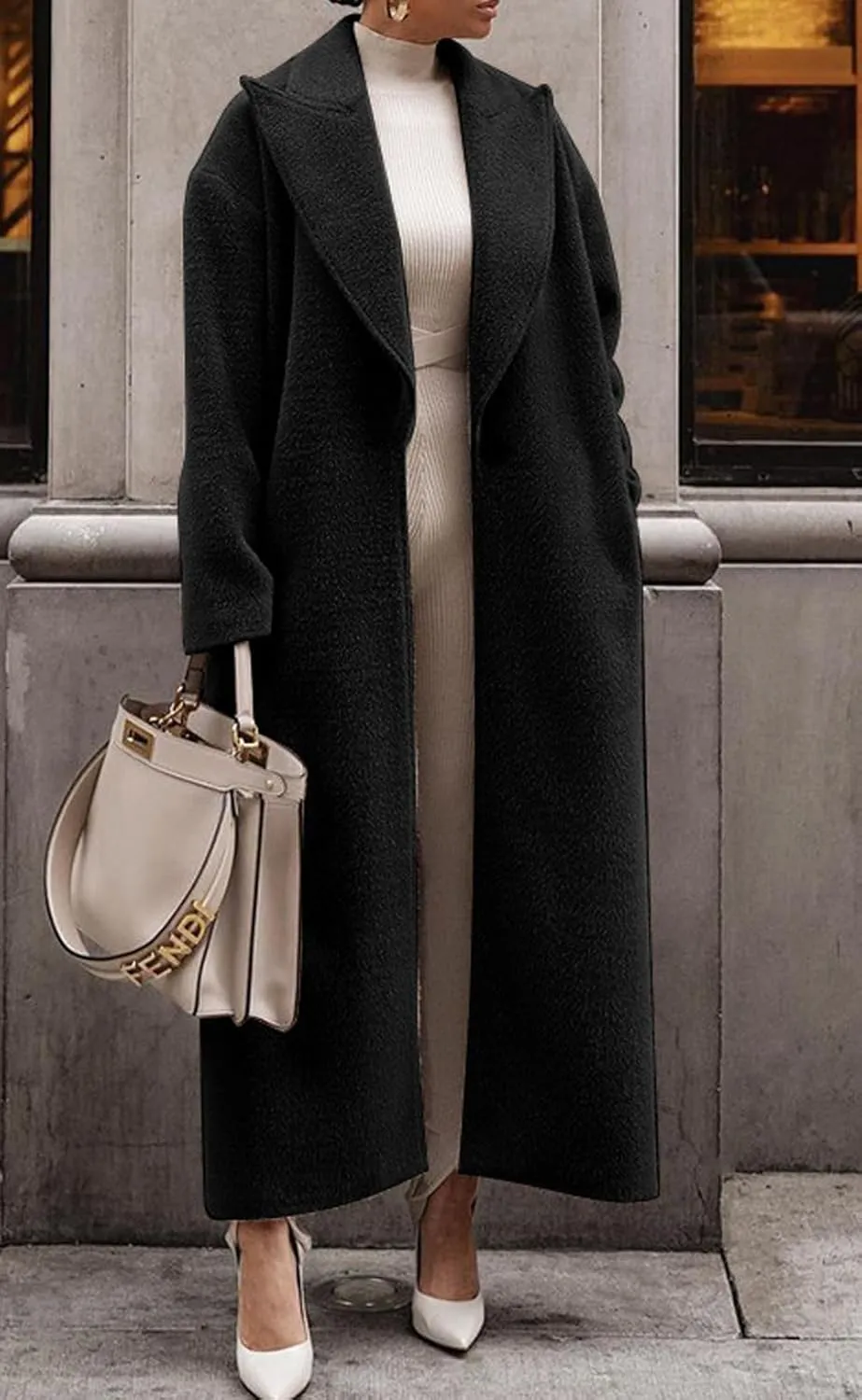 CHARTOU Women One Button Long Pea Coat Wool Blend Trench Coat Notched Lapel Open Front Cardigan Peacoat Outwear