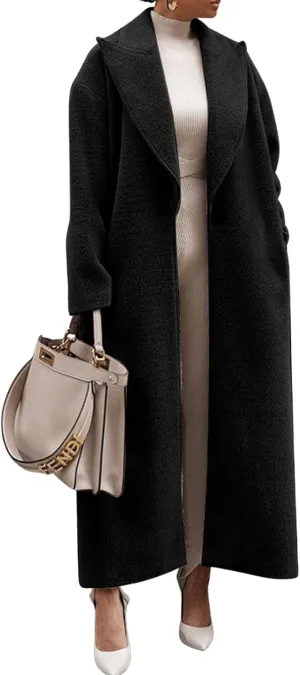 CHARTOU Women One Button Long Pea Coat Wool Blend Trench Coat Notched Lapel Open Front Cardigan Peacoat Outwear