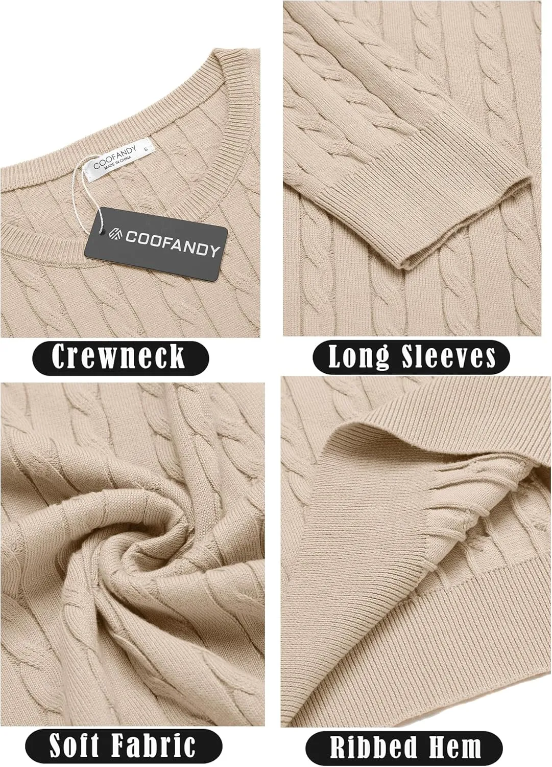 COOFANDY Men's Crewneck Knit Sweater Slim Fit Lightweight Casual Twist Patterned Cable Knitted Pullover