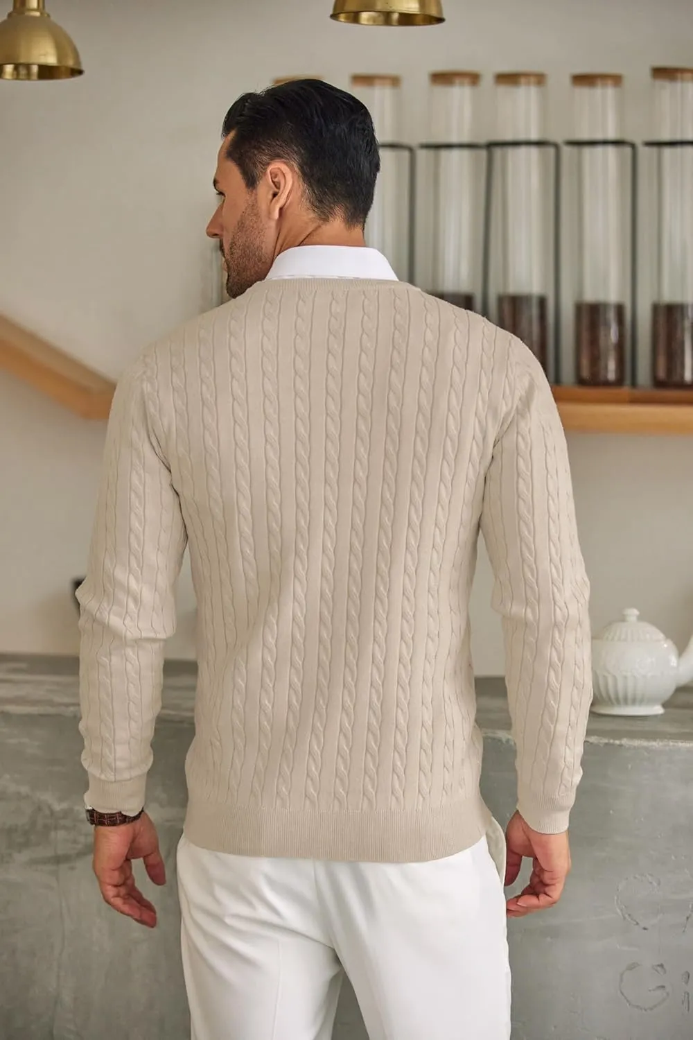 COOFANDY Men's Crewneck Knit Sweater Slim Fit Lightweight Casual Twist Patterned Cable Knitted Pullover