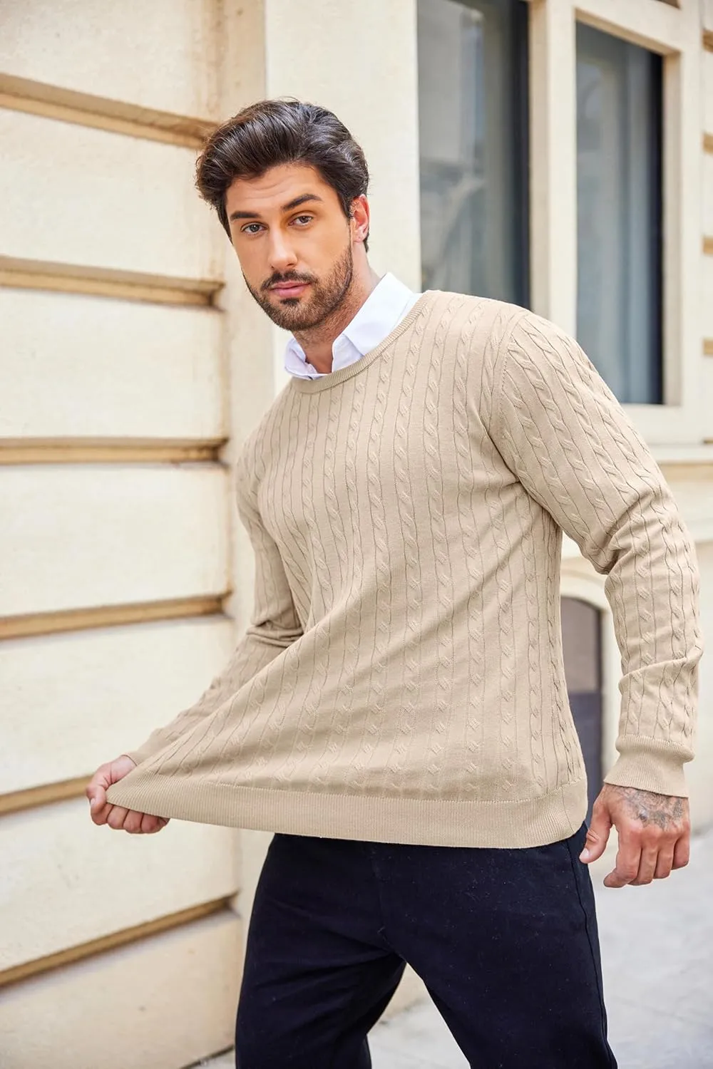COOFANDY Men's Crewneck Knit Sweater Slim Fit Lightweight Casual Twist Patterned Cable Knitted Pullover