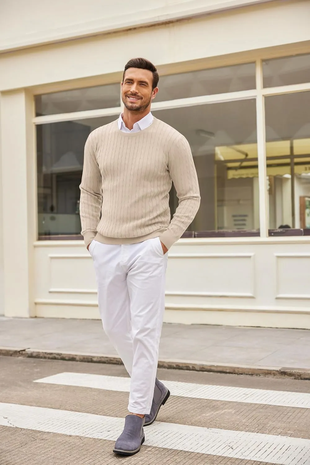 COOFANDY Men's Crewneck Knit Sweater Slim Fit Lightweight Casual Twist Patterned Cable Knitted Pullover