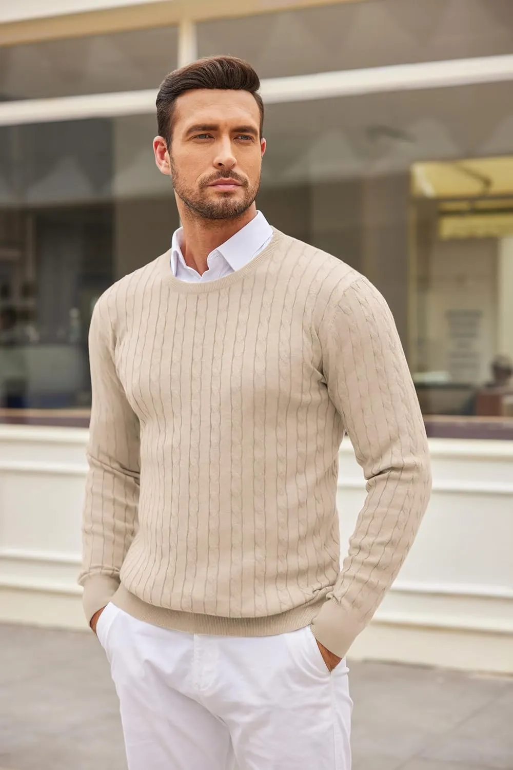 COOFANDY Men's Crewneck Knit Sweater Slim Fit Lightweight Casual Twist Patterned Cable Knitted Pullover