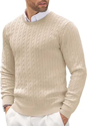 COOFANDY Men's Crewneck Knit Sweater Slim Fit Lightweight Casual Twist Patterned Cable Knitted Pullover