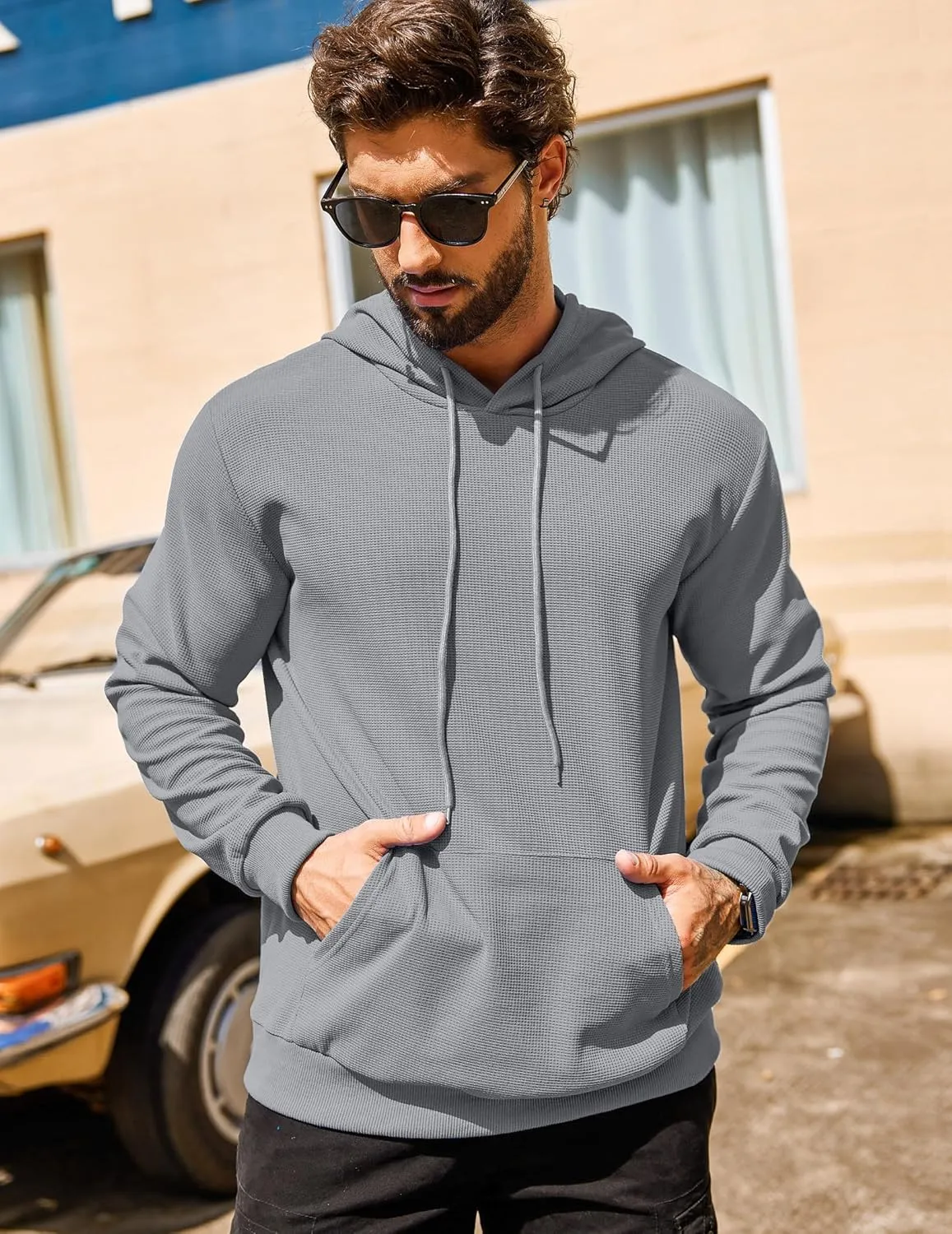 COOFANDY Men's Hooded Sweatshirts Long Sleeve Casual Pullover Hoodie Waffle Knit Sweatshirt with Pocket