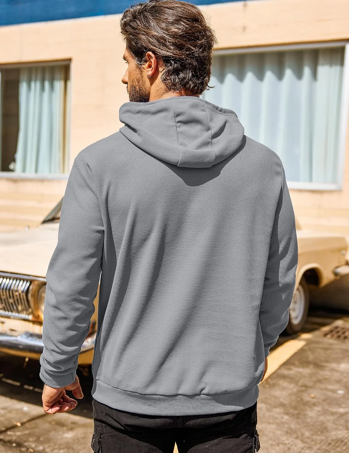 COOFANDY Men's Hooded Sweatshirts Long Sleeve Casual Pullover Hoodie Waffle Knit Sweatshirt with Pocket