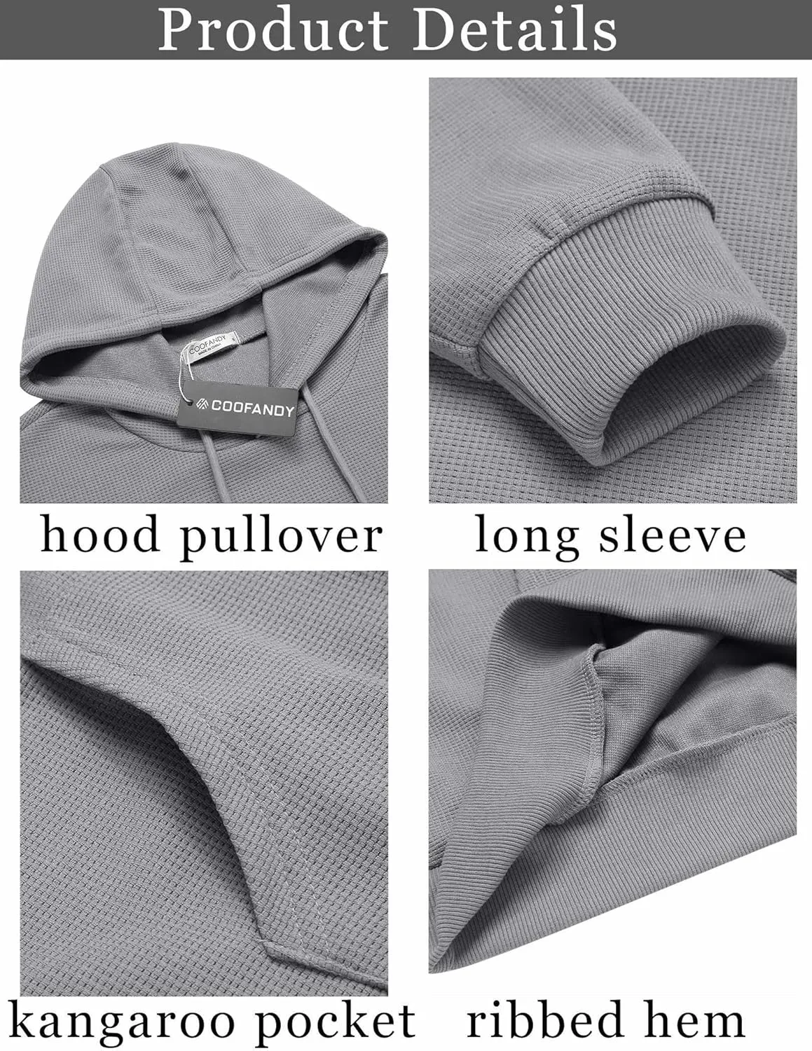 COOFANDY Men's Hooded Sweatshirts Long Sleeve Casual Pullover Hoodie Waffle Knit Sweatshirt with Pocket