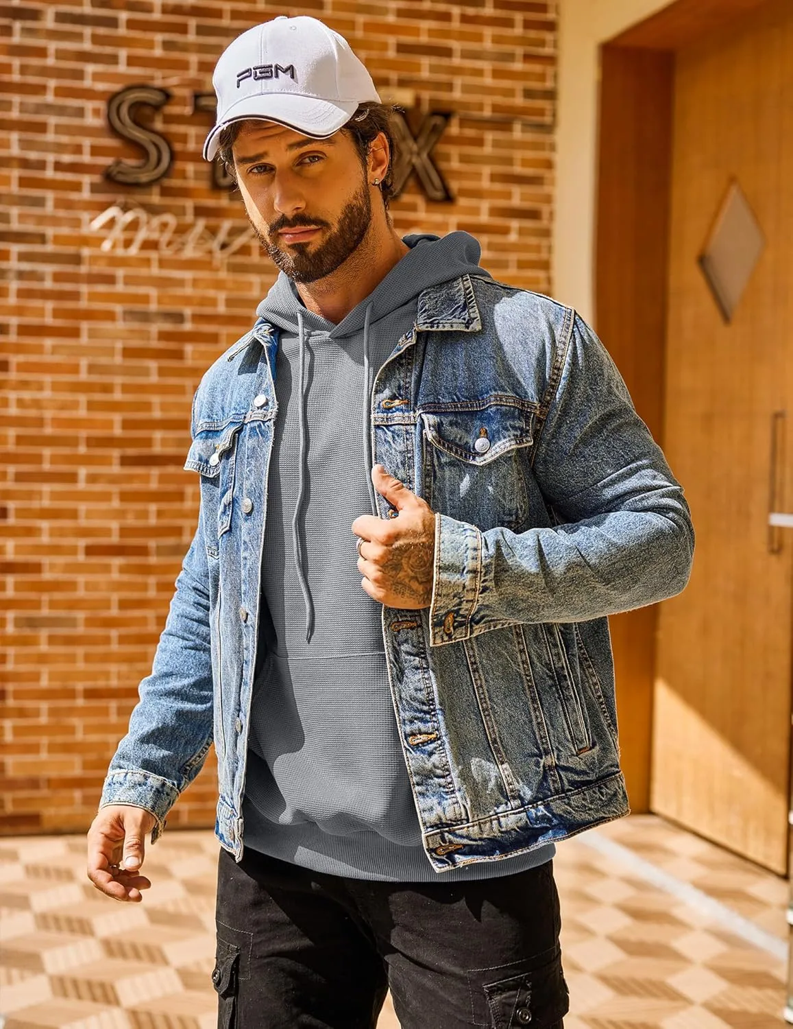 COOFANDY Men's Hooded Sweatshirts Long Sleeve Casual Pullover Hoodie Waffle Knit Sweatshirt with Pocket