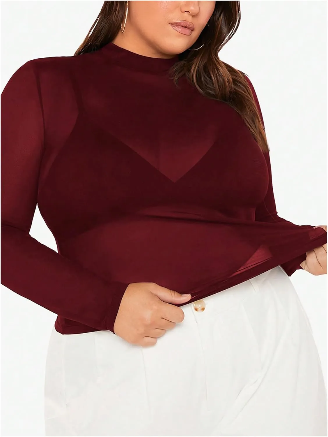 COZYEASE Women's Plus Size Sheer Mesh Tops Mock Neck Long Sleeve Tee Tops Trendy Slim Fit Clubwear