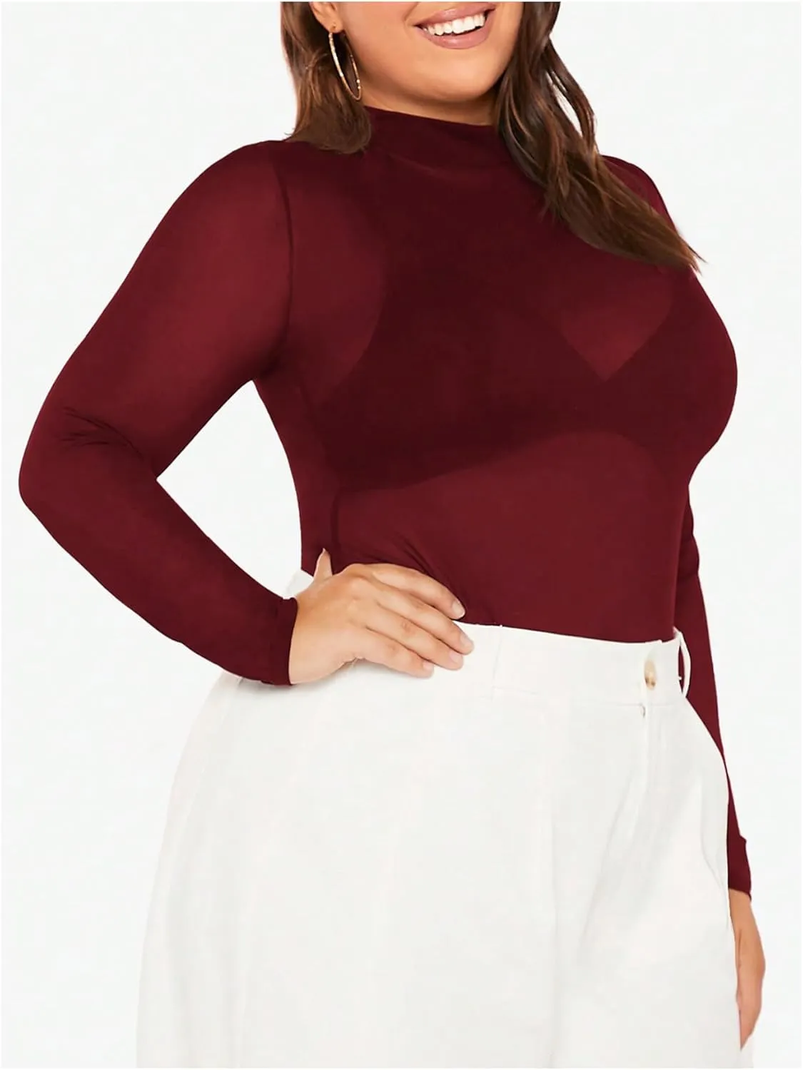 COZYEASE Women's Plus Size Sheer Mesh Tops Mock Neck Long Sleeve Tee Tops Trendy Slim Fit Clubwear