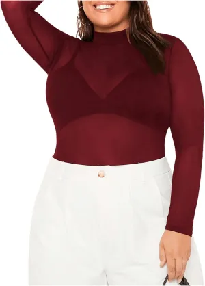 COZYEASE Women's Plus Size Sheer Mesh Tops Mock Neck Long Sleeve Tee Tops Trendy Slim Fit Clubwear