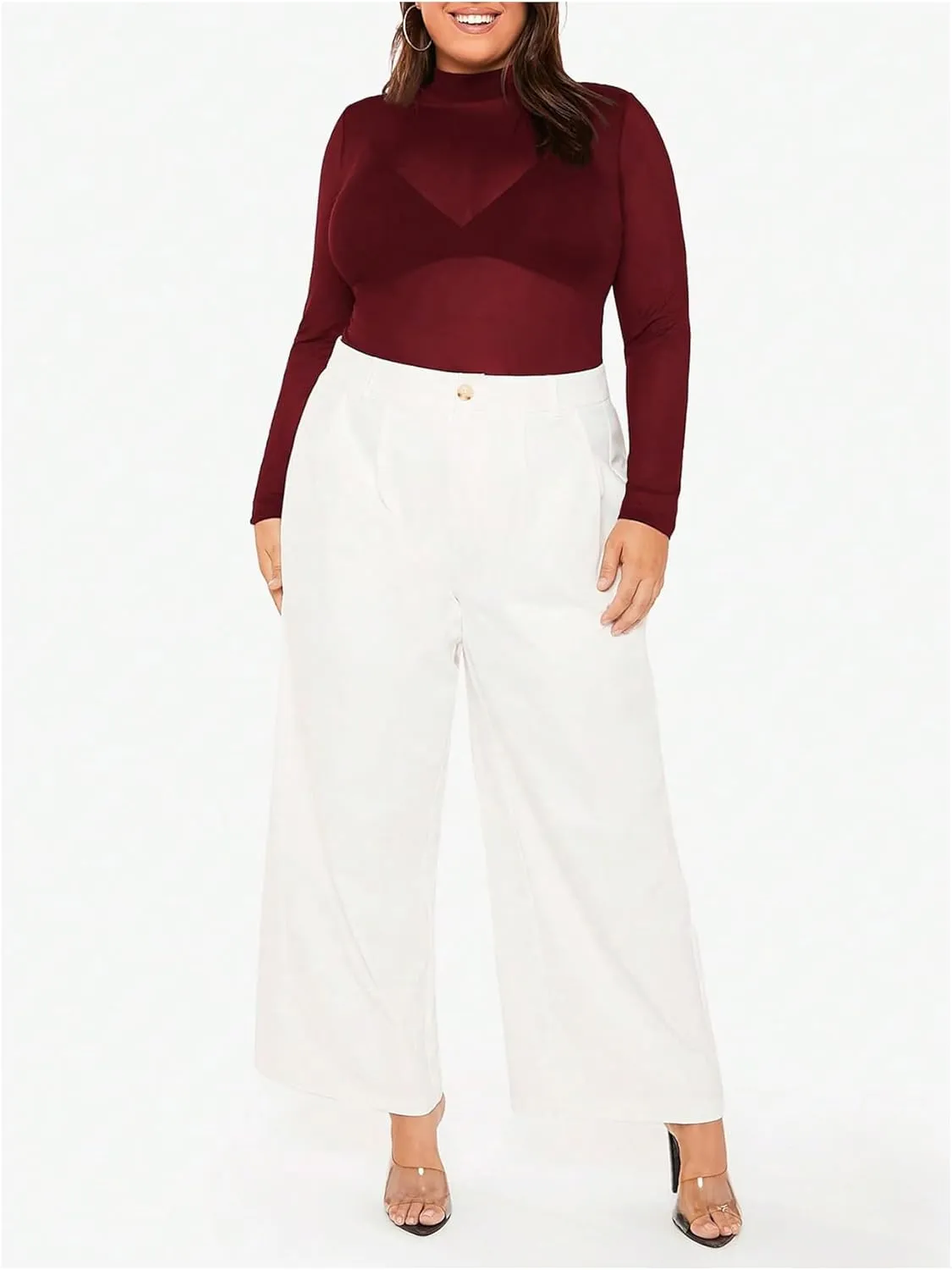 COZYEASE Women's Plus Size Sheer Mesh Tops Mock Neck Long Sleeve Tee Tops Trendy Slim Fit Clubwear