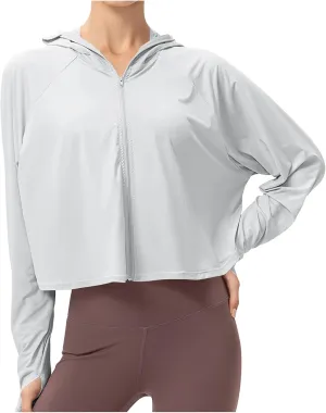 Crop Sun Protection Jacket for Women Long Sleeve Zipper Quick Dry Outdoor Hiking Hooded Jackets with Pocket