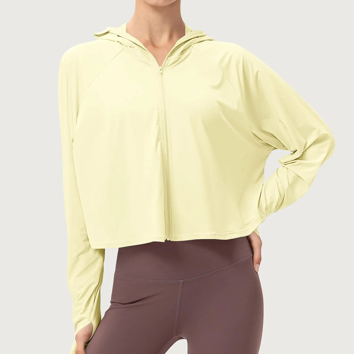 Crop Sun Protection Jacket for Women Long Sleeve Zipper Quick Dry Outdoor Hiking Hooded Jackets with Pocket