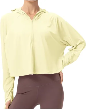 Crop Sun Protection Jacket for Women Long Sleeve Zipper Quick Dry Outdoor Hiking Hooded Jackets with Pocket