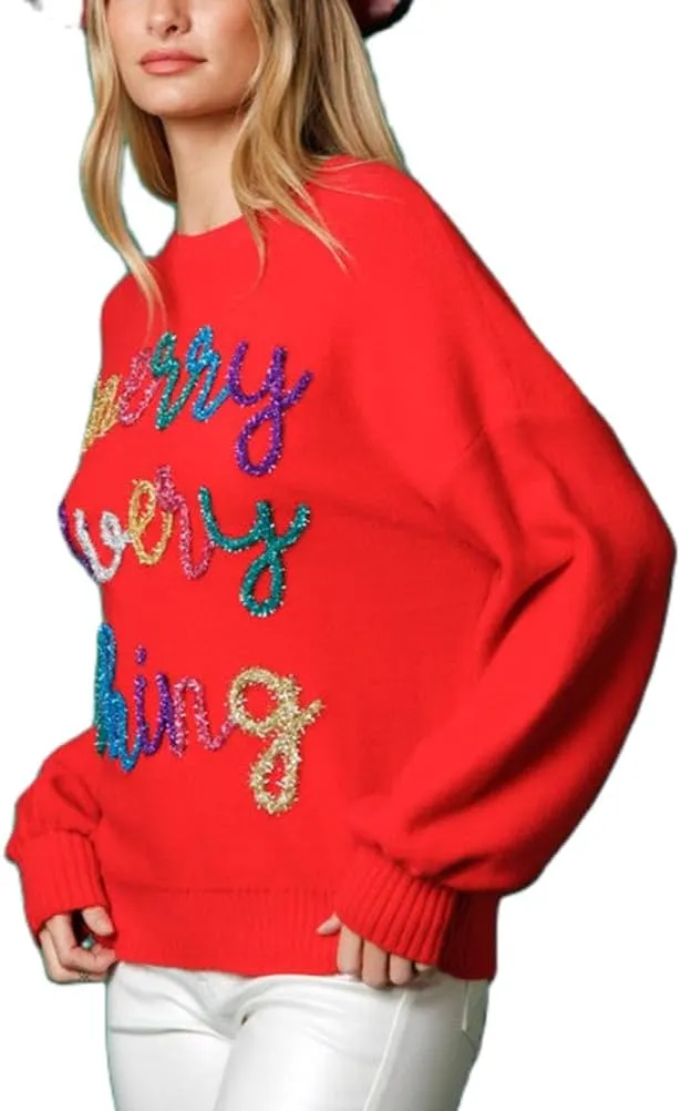 DSORVICD Women Glitter Christmas Sweater Sequin Long Sleeve Knit Pullover Ugly Graphic Oversized Holiday Sweater Streetwear