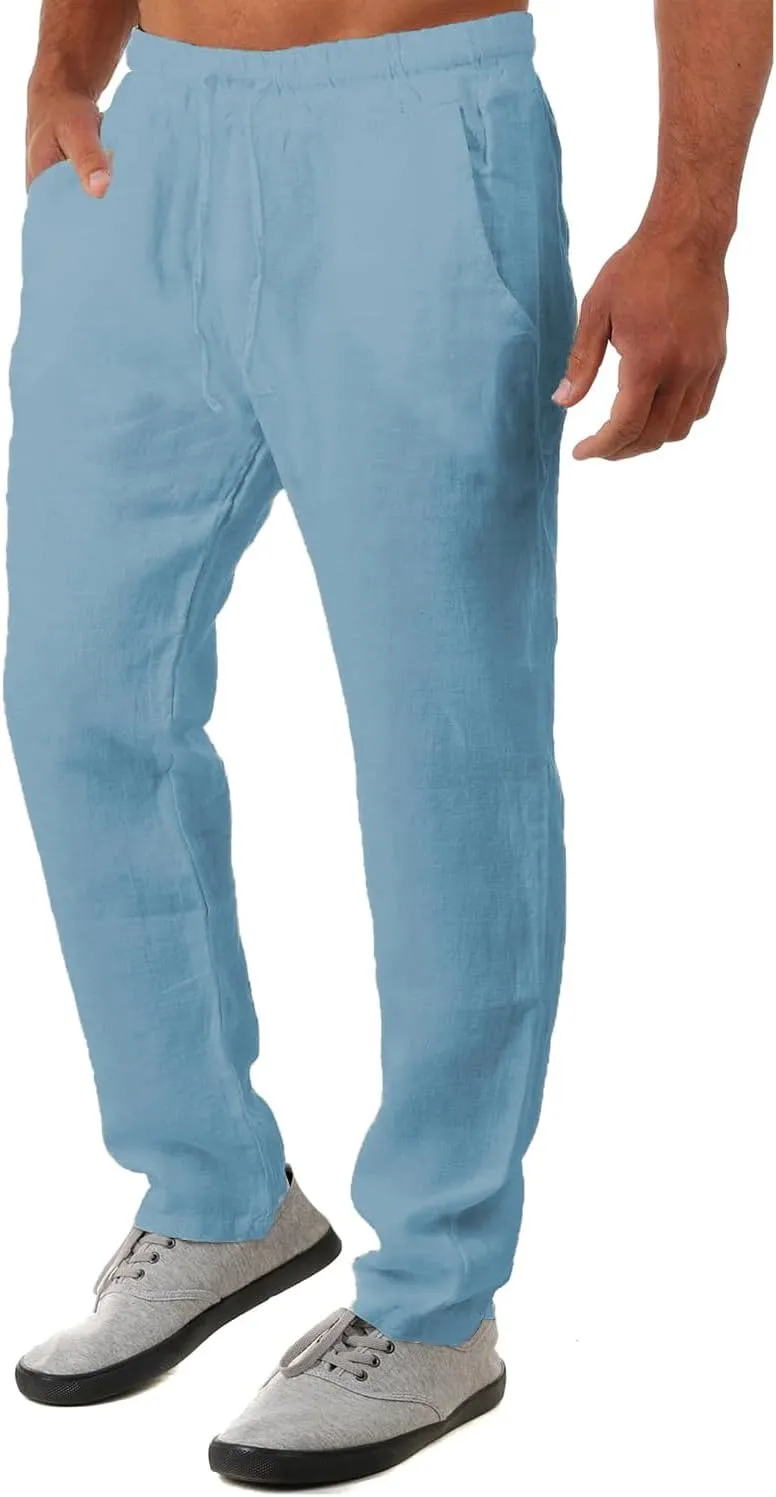 FANARCHER Mens Lightweight Cotton Linen Pants Casual Trousers Drawstring Yoga Beach Pants with Pockets