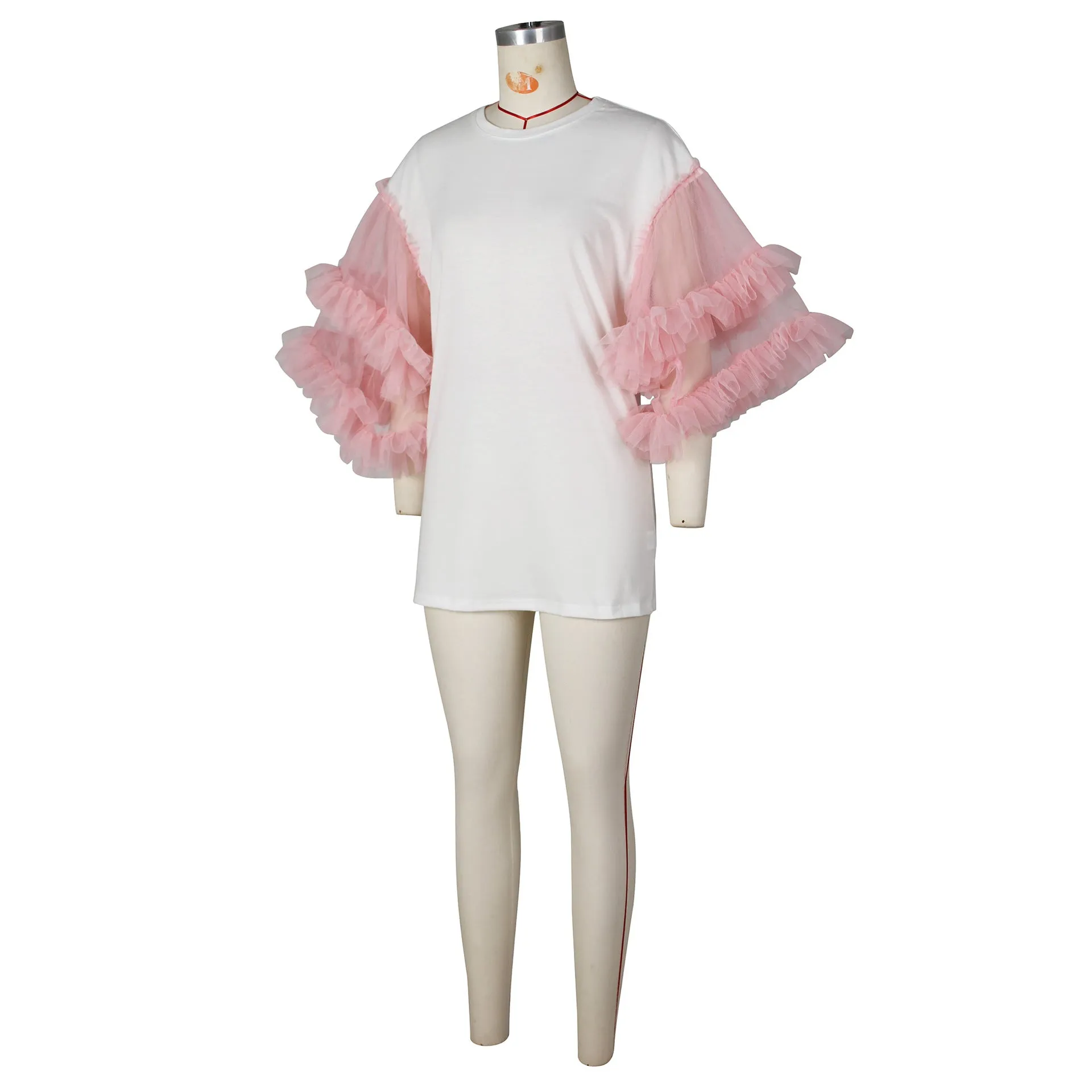 Fashion casual loose stitching mesh sleeves solid color T-shirt skirt AY3096