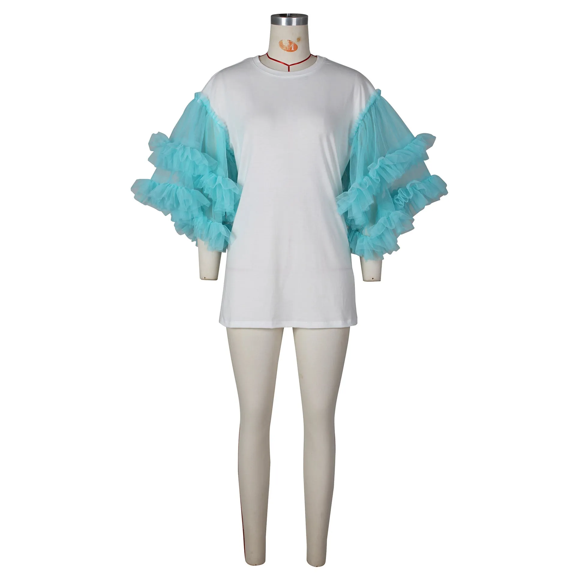 Fashion casual loose stitching mesh sleeves solid color T-shirt skirt AY3096