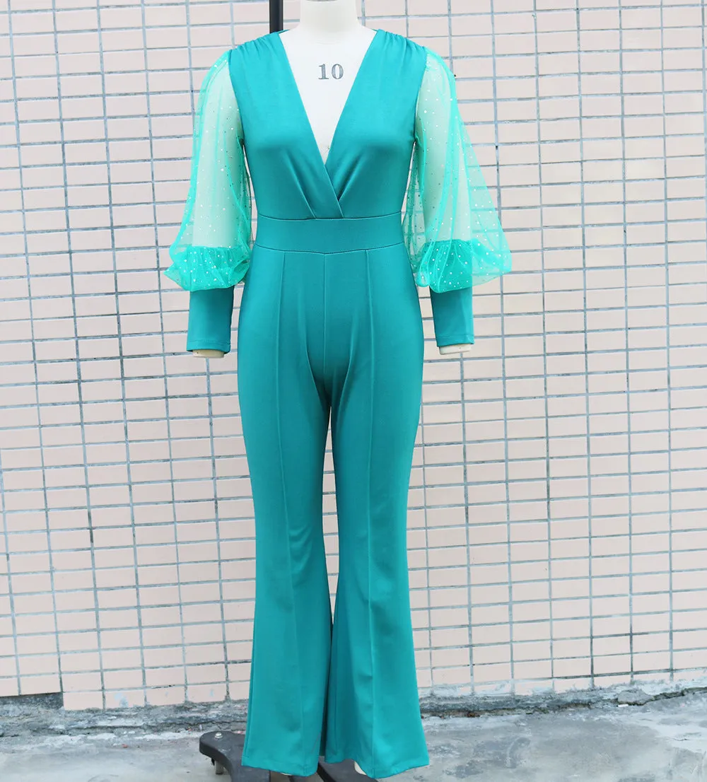 Fashion V-neck mesh patchwork long sleeved jumpsuit AY3130