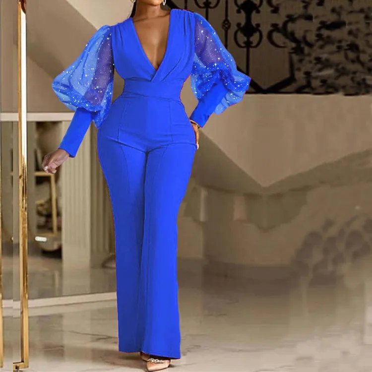 Fashion V-neck mesh patchwork long sleeved jumpsuit AY3130