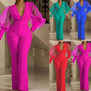 Fashion V-neck mesh patchwork long sleeved jumpsuit AY3130