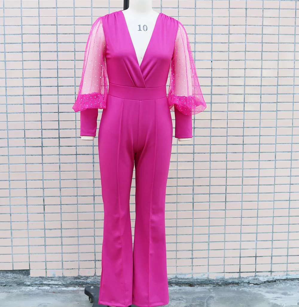 Fashion V-neck mesh patchwork long sleeved jumpsuit AY3130