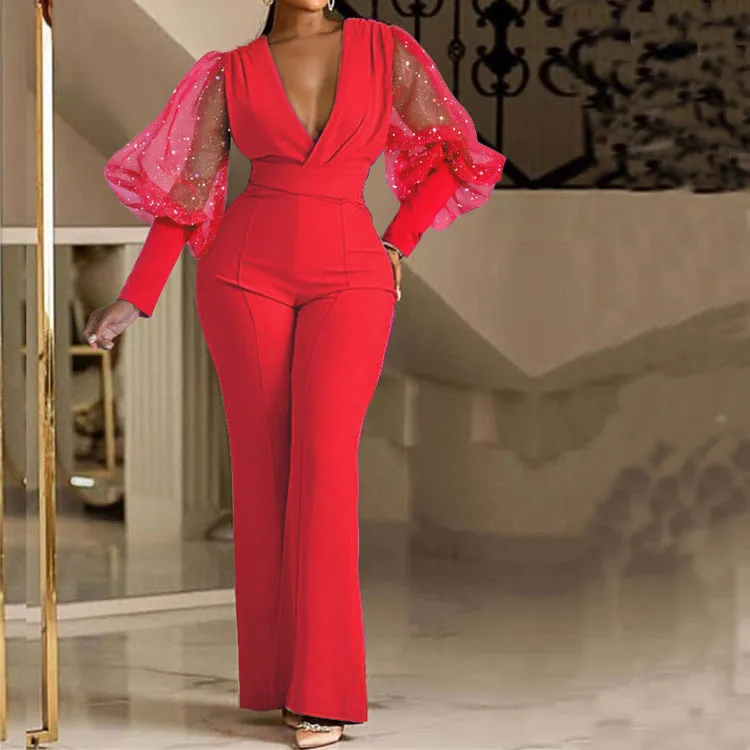 Fashion V-neck mesh patchwork long sleeved jumpsuit AY3130