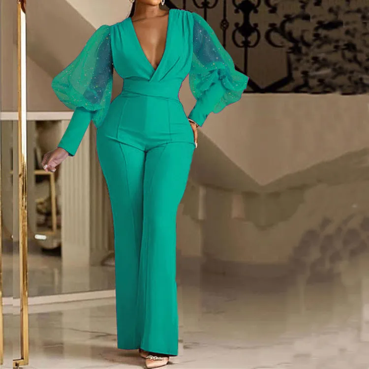 Fashion V-neck mesh patchwork long sleeved jumpsuit AY3130