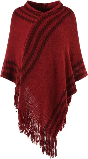 Ferand Women's Cozy Zigzag Poncho Sweater Lightweight Fringe Cape Cloak with Hood
