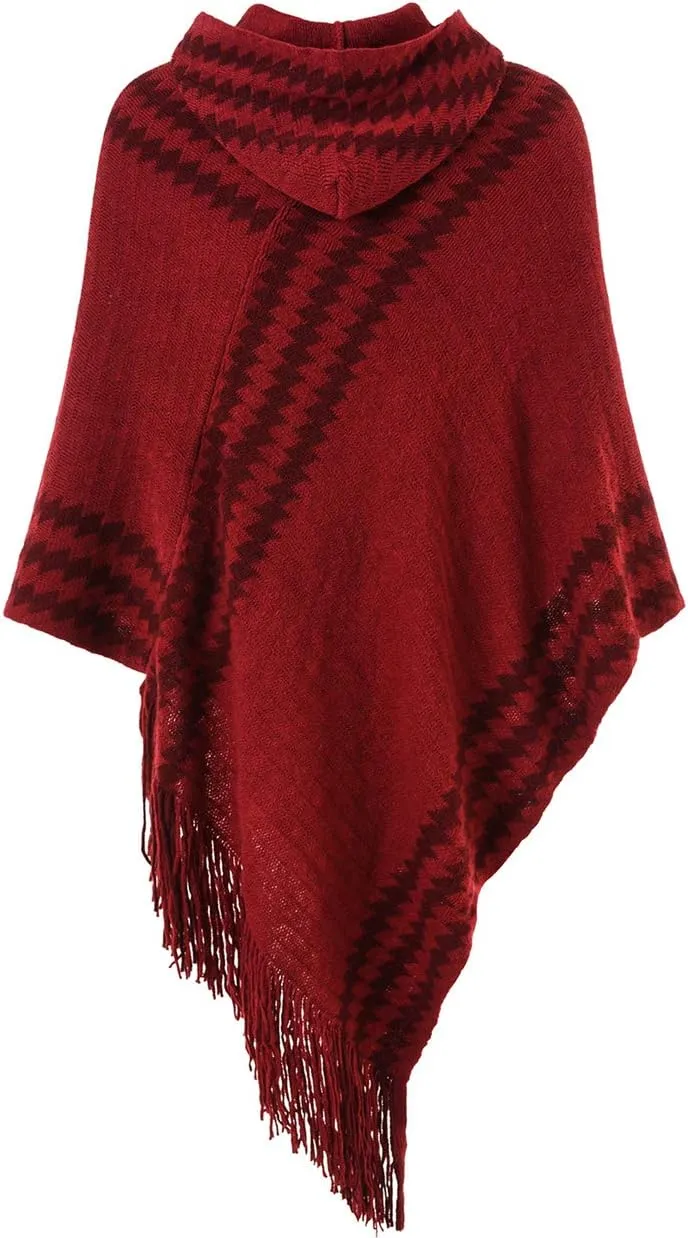 Ferand Women's Cozy Zigzag Poncho Sweater Lightweight Fringe Cape Cloak with Hood