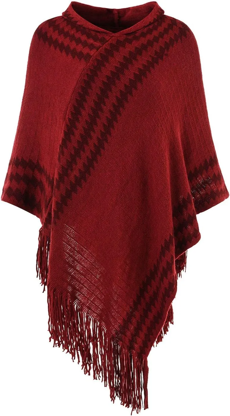 Ferand Women's Cozy Zigzag Poncho Sweater Lightweight Fringe Cape Cloak with Hood