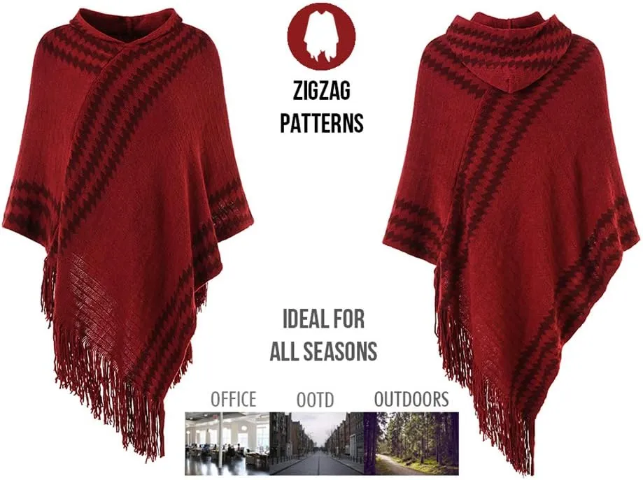 Ferand Women's Cozy Zigzag Poncho Sweater Lightweight Fringe Cape Cloak with Hood
