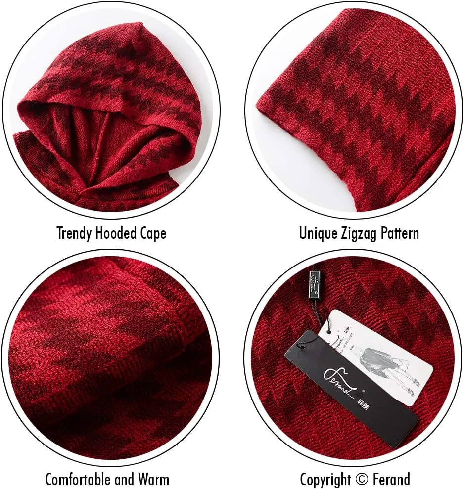 Ferand Women's Cozy Zigzag Poncho Sweater Lightweight Fringe Cape Cloak with Hood