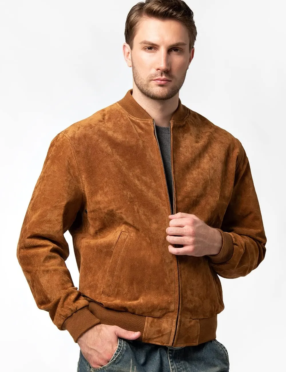 FLAVOR Men's Leather Baseball Jacket Vintage Suede Pigskin